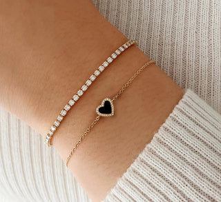 Mini Heart bracelet - Onyx and Diamond 14k Gold - Meaningful stone