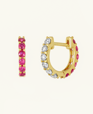 14k Gold Reversible Pink Sapphire and Diamond Huggie Earrings