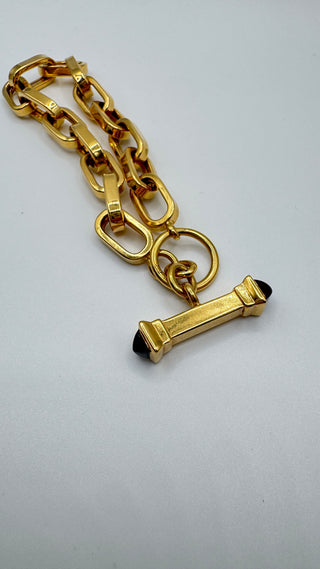 Vintage 18k Italy Yellow Gold 8" Large Chain Bracelet With Natural Onyx Clasp Accents