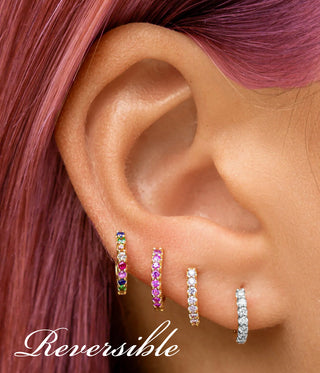 14k Gold Reversible Pink Sapphire and Diamond Huggie Earrings