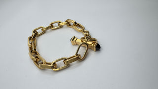 Vintage 18k Italy Yellow Gold 8" Large Chain Bracelet With Natural Onyx Clasp Accents