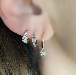 Pave Diamond Huggies with Baguette/ Emerald Cut Accent 14k