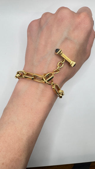 Vintage 18k Italy Yellow Gold 8" Large Chain Bracelet With Natural Onyx Clasp Accents