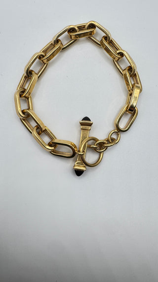 Vintage 18k Italy Yellow Gold 8" Large Chain Bracelet With Natural Onyx Clasp Accents