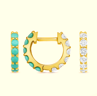 14k Reversible Turquoise and  Diamond Huggie Hoops