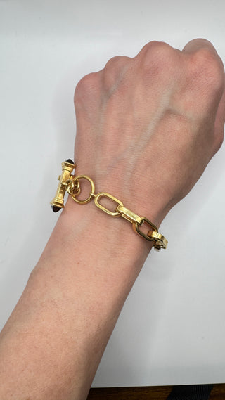 Vintage 18k Italy Yellow Gold 8" Large Chain Bracelet With Natural Onyx Clasp Accents