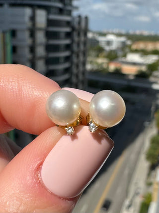 14K Vintage Solid Gold Natural/ Genuine Pearl And Diamond Studs