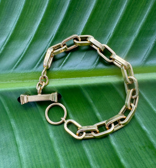 Vintage 18k Italy Yellow Gold 8" Large Chain Bracelet With Natural Onyx Clasp Accents
