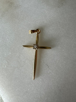 14K Vintage Solid Yellow Gold Cross with Genuine/Natural Diamond