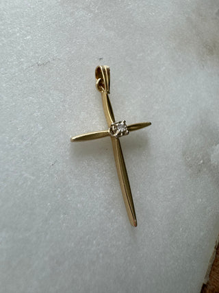 14K Vintage Solid Yellow Gold Cross with Genuine/Natural Diamond