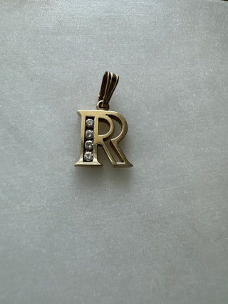 14k Vintage Solid Gold Natural Diamond 'R' Initial Pendant