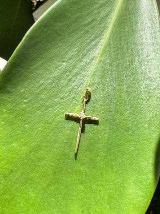 14K Vintage Solid Yellow Gold Cross with Genuine/Natural Diamond