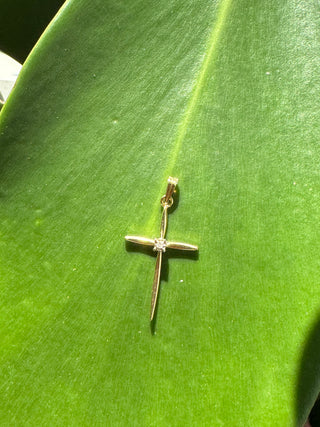 14K Vintage Solid Yellow Gold Cross with Genuine/Natural Diamond