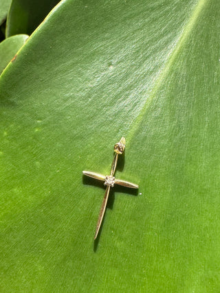 14K Vintage Solid Yellow Gold Cross with Genuine/Natural Diamond